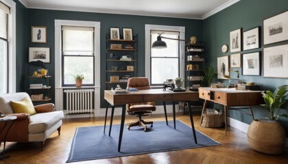 A home office with a mix of vintage and contemporary furniture, creating a creative workspace 