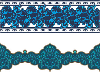 Vector seamless floral ethnic frieze series. Floral ornamental motifs in Eastern, Arabic, Indian, Oriental style. Retro wedding backgrounds, page decorations, damask, fabric, carpet and scarf patterns