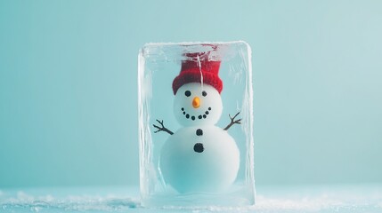 A small snowman figurine trapped inside a block of ice, against a blue background.