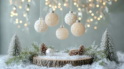 Beautiful winter scene with white ornaments and festive decorations on a snowy backdrop.