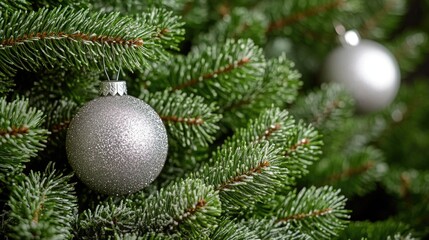 A shiny silver ornament hangs from a Christmas tree, adding festive touch