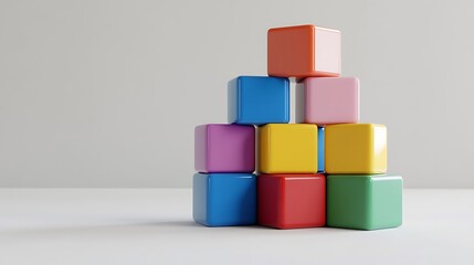 Fototapeta premium Colorful building blocks stacked in a pyramid shape on a white surface.