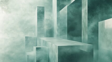Fototapeta premium Surreal geometric structures rise through misty clouds in a dreamlike landscape, AI