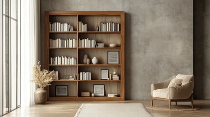Fototapeta premium Minimalist living room with an open wooden bookcase displaying books, vases, and framed photos in a harmonious layout