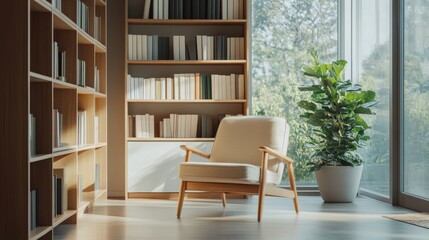 Fototapeta premium Minimalist space with a light wooden bookcase, mid-century modern armchair, and floor-to-ceiling windows.