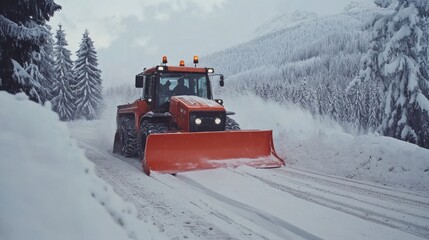 Snow plow clearing a snowy road in a winter landscape.
