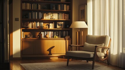 Minimalist space with a wooden bookcase filled with decorative items, paired with a cozy armchair.