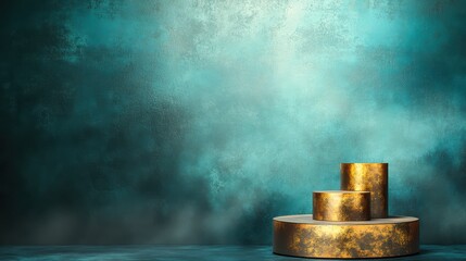 A serene composition featuring gold cylindrical pedestals against a textured turquoise background, ideal for showcasing products, jewelry, or art