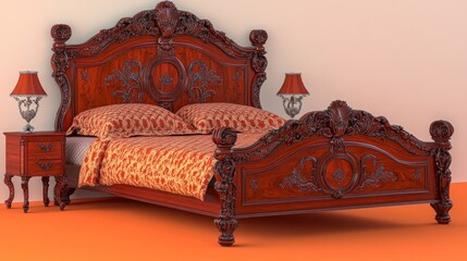 Ornate wooden bed with decorative lamps and patterned bedding.