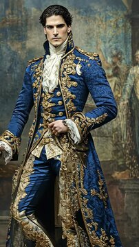 A man in a blue and gold suit stands in front of a painting, looking regal and confident
