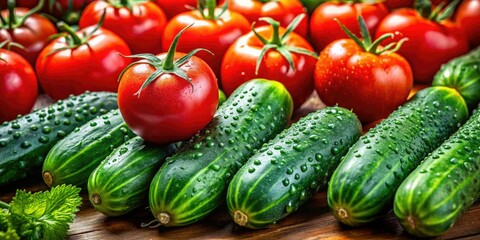 Fresh cucumber and tomato artwork showcases colorful vegetables, promoting culinary design, healthy eating, and organic produce in a vibrant farm-to-table concept for food enthusiasts.