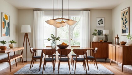A mid-century modern dining room with clean lines, wooden furniture, and striking light fixtures