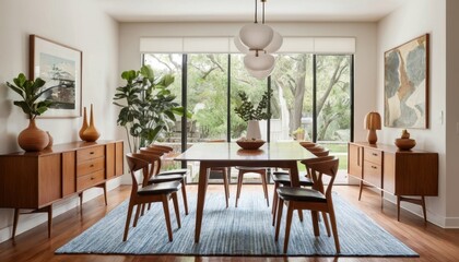 A mid-century modern dining room with clean lines, wooden furniture, and striking light fixtures
