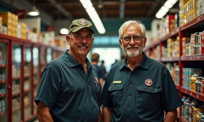 Fototapeta premium Dedicated food bank volunteers in navy uniforms proudly serve their community. Authentic candid portrait of senior workers in warehouse setting with stocked shelves