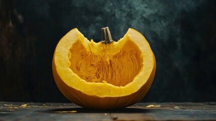 A bright yellow pumpkin, cut open, stands out against a dark background.