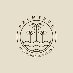 Obraz premium palm tree and ocean waves line art logo vector simple minimalist illustration template icon graphic design. coconut tree and sea wave sign or symbol for travel company with circle badge typography
