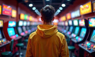 Young gamer in yellow hoodie exploring retro arcade. Atmospheric back view shot capturing neon-lit gaming machines in classic entertainment venue, perfect for nostalgia and youth culture themes