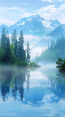 Naklejka premium Serenity Embodied: Pristine Lake Encapsulated by Verdant Forest and Majestic Mountain