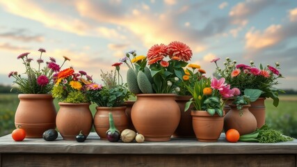 Group of Artisan Pots on a Rustic Table - Conceptual Photography with High-Resolution Detail