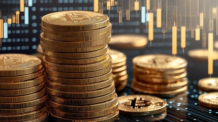 A collection of shiny gold coins is stacked, with digital financial charts and graphs in the background, symbolizing cryptocurrency and investment trends.