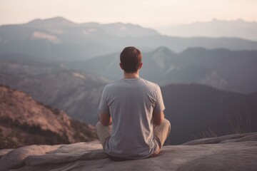 Fototapeta premium Mountaintop Meditation: A man finds peace and perspective amidst breathtaking mountain vistas. A serene image evoking tranquility and inner peace. 
