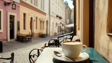 Savoring a cup of coffee in a cozy historic cafe traveler journaling experience charming european streets serene atmosphere intimate view travel inspiration