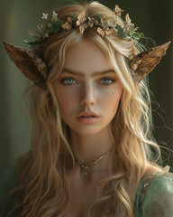 A striking elven royal elegantly poses with a beautifully detailed crown and a stunning gown inspired by nature, illuminated with magical butterfly lighting effects