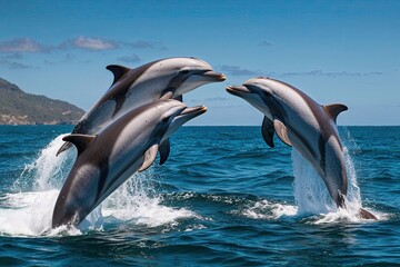 Obraz premium Vibrant Dolphin Family Playtime in Exotic Wildlife Ocean Safari Experience