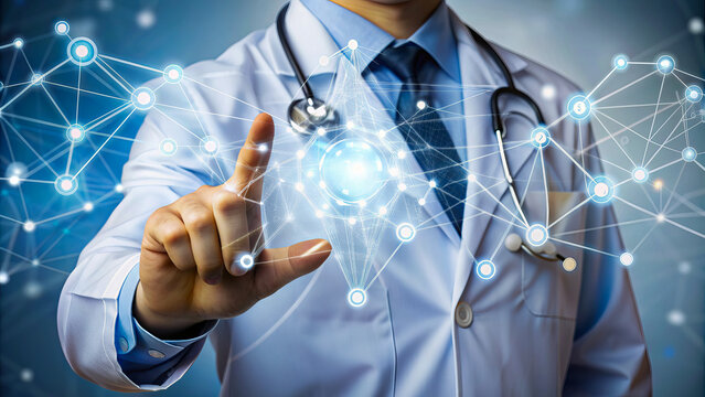 closeup of a doctor wearing white atire  touching digital holographic connecting lines