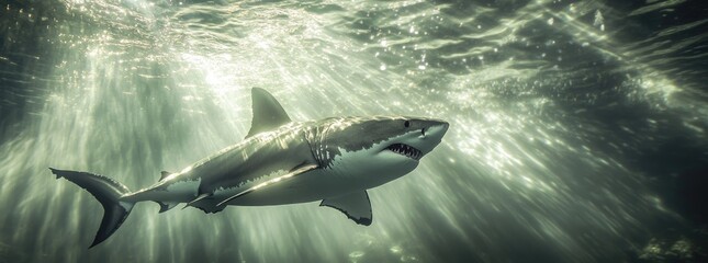 Fototapeta premium an adult white shark swimming gracefully in the deep blue ocean