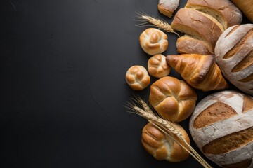 Freshly Baked Bread Assortment: A delectable spread of freshly baked breads, rolls, and pastries, artfully arranged on a black background.