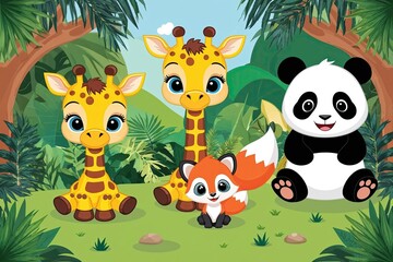 Naklejka premium Charming Cartoon Giraffe Fox and Panda Characters in Playful Jungle Wildlife Art