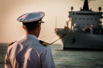 Captain's Contemplation: A lone naval officer gazes out at his ship at sunset, embodying dedication and maritime duty. The image evokes themes of leadership, responsibility.
