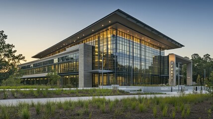 Modern Glass and Stone Office Building with Landscaping