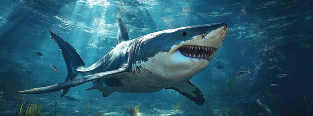 Fototapeta premium an adult white shark swimming gracefully in the deep blue ocean