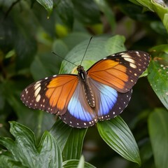 Fototapeta premium Vibrant Blue Butterfly: A stunning blue butterfly with orange and black markings perched on a lush green leaf, showcasing its intricate details in a vibrant close-up. 