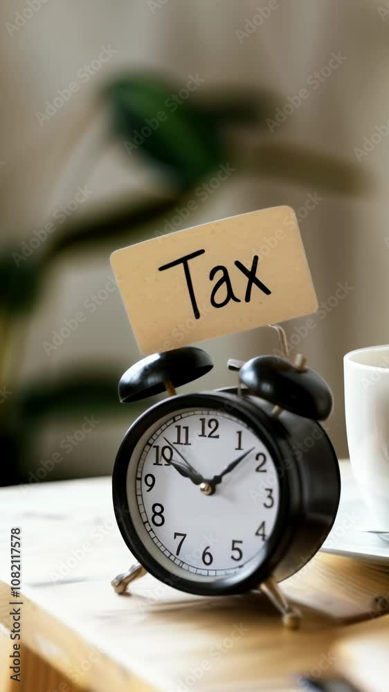 Poster black alarm clock with a sign showing the word tax is placed on a wooden table, next to a notebook a