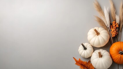 Rustic beige and white pumpkins, dry flowers on the right side of an empty space for text on a light background