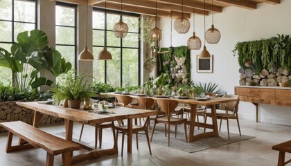 Obraz premium A nature-inspired bathroom with a wooden sink, stone bath, and lush greenery