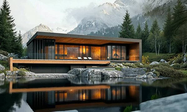 Modern mountain retreat on a craggy peak, with a timber and glass exterior, offering a breathtaking view of rugged peaks and a tranquil alpine lake