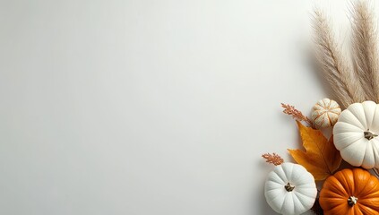 Rustic beige and white pumpkins, dry flowers on the right side of an empty space for text on a light background