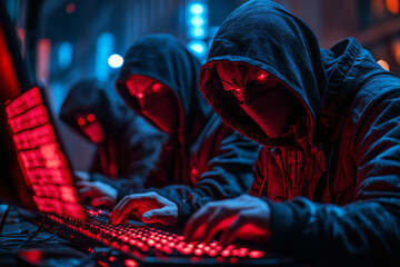 Three masked hackers in hoodies using keyboards, their monitors displaying scrolling lists of stolen user information