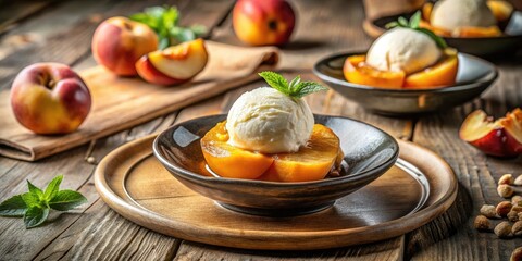 Rustic Peach Dessert with Ice Cream - A Captivating Culinary Delight in Fashion Photography Style, Featuring Creamy Ice Cream and Fresh Peaches, Perfect for Summer Treats and Food Styling