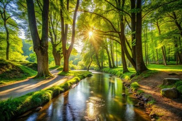 Obraz premium Scenic Forest Park with Walking Trail and Flowing Stream, Nature Walks, Peaceful Outdoors, Lush Greenery, Tranquil Stream, Hiking Paths, 