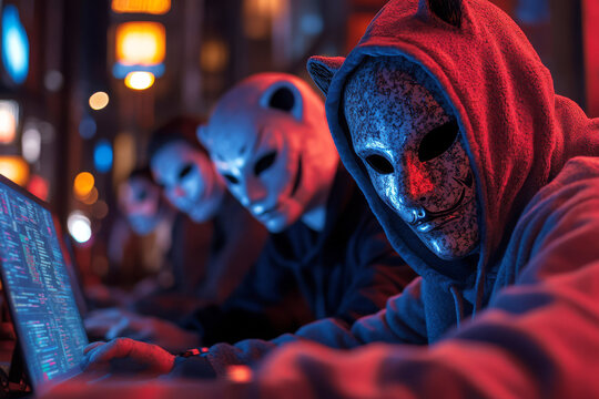 In a dimly lit room, hackers don animal masks as they focus intently on their laptops, downloading vast amounts of personal data from unsuspecting accounts