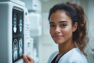 Portrait of a dedicated radiologist reviews X-rays in a bright, sterile environment filled with advanced medical equipment