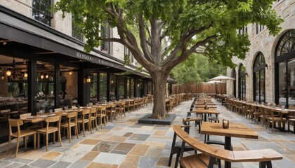Obraz premium A restaurant terrace featuring large trees, natural stone flooring, and seating made from reclaimed wood
