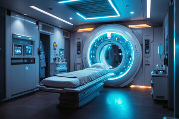 High-tech hospital features a cutting-edge X-ray machine for scanning a patient. Glowing panels illuminate the internal scan, showcasing the latest advancements in medical imaging technology