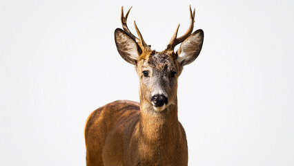 Fototapeta premium Close-up portrait of a roe deer on a white background.