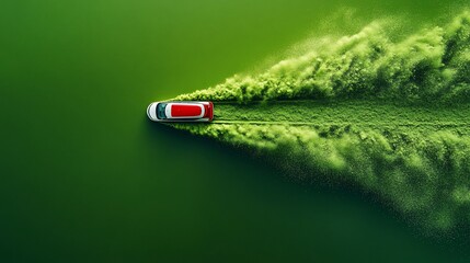 A white car with a red roof drives on a green surface leaving a trail of green dust behind.